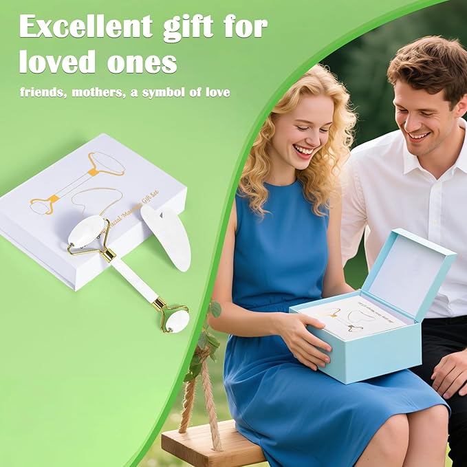 Jade Roller Gua Sha Tools – Nature Gua Sha Facial Tool Skin Tightening Face Massager Anti-Aging Jade Face Roller Puffiness Reducing Guasha Stone for Women Men (White)