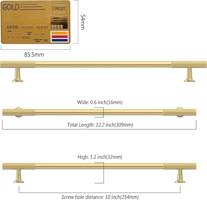 Amerdeco 10 Pack Brushed Gold Cabinet Pulls 10 Inch(254MM) Hole Centers Kitchen Cabinet Handles Hardware for Cabinets Cupboard Handles Drawer Pulls ZH0071