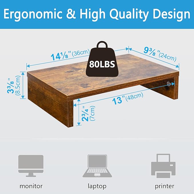 TEAMIX 14.2 inch Monitor Stand Riser, Rustic Brown Wood Monitor Riser with Storage for Desk Small Monitor Stand TV/Screen/PC/Laptop Riser Computer Stand Desktop Shelf (Brown-14.2 inch)