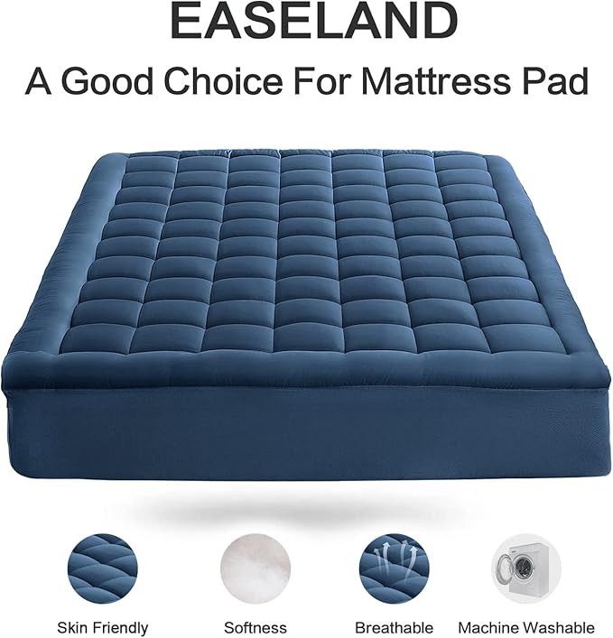 EASELAND King Size Mattress Pad Pillow Top Mattress Cover Quilted Fitted Mattress Protector 8-21" Deep Pocket Cooling Mattress Topper (78x80 Inches, Dark Blue)