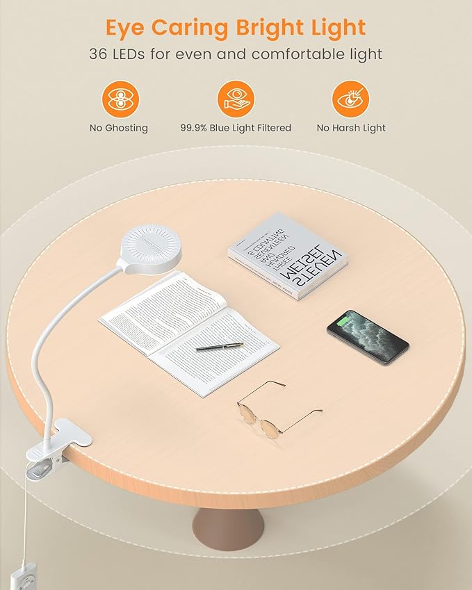 Glocusent Brighter Clip on Lamp with Remote, Eye-Caring Clip on Light for Bed Headboard, 3 Color & 5 Brightness Bed Lamp, 30-Min Auto-Off Timer, Reading Light with Adapter