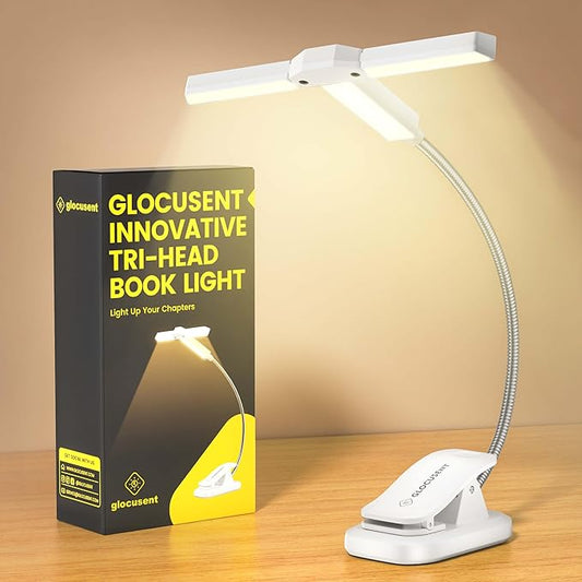 Glocusent Innovative Tri-Head Book Light for Reading in Bed, 3 Colors & 5 Brightness Levels, 1000mAh Rechargeable Reading Light with 30-Min Timer, 10-100Hrs, Partner Friendly, Perfect for Book Lovers