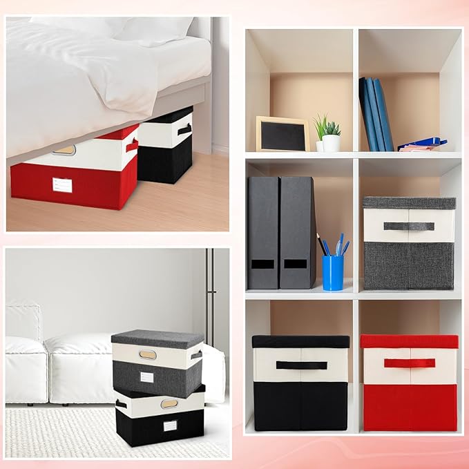 Large Linen Fabric Foldable Storage Bins with Removable Lid and Handles, Washable Storage Box Organizer Containers Baskets Cube with Cover for Bedroom,Closet,Office,Nursery(Black&White, Large)