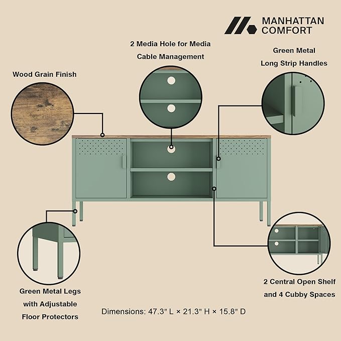 Manhattan Comfort Landen 47" Modern Metal TV Stand with Storage Cabinets & Open Shelves, Holds Up to 40" Screen, TV Console with Natural Wood Top, Cable Management, Adjustable Legs, Green