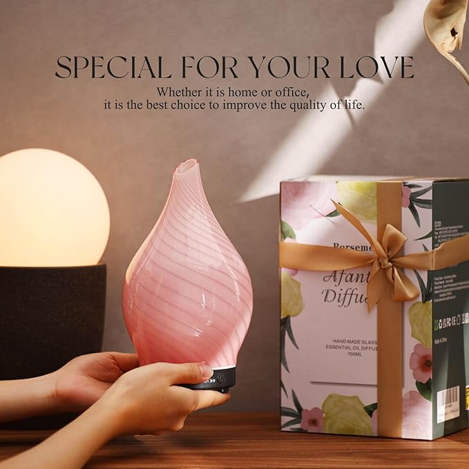 Porseme 150ml Essential Oil Diffuser Glass Color Changing Aroma Air Diffusers Aromatherapy Ultrasonic Cool Mist Humidifier 6 Running Hours Waterless Auto-Off for Sleeping Yoga Office Spa (Pure Pink)