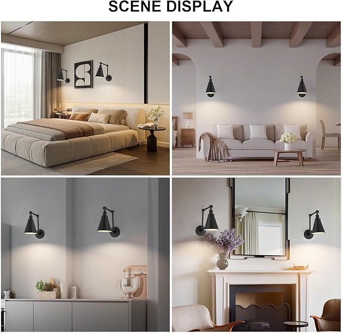 2-Pack Battery Operated Swing Arm Led Wall Sconces with Remote & 5500mAh Rechargeale Light Bulbs, 3-Color Dimmable Indoor Non-Hardwired Metal Wall Light for Bedroom Living Room Kitchen(Black)