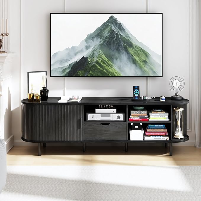69" Mid-Century TV Stand with Power Outlet, Fluted Entertainment Center with Storage Drawer, TV Console with Sliding Door and Adjustable Shelves, TV Stand up to 80" for Living Room, Bedroom, Black