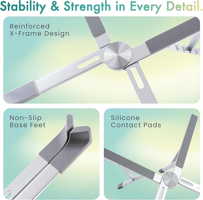 BELLEMOND | Adjustable Laptop Stand – Lightweight Aluminum Riser with 5 Height Levels | Foldable, Ventilated X-Frame Design | Designed in Japan | Fits Laptops & Tablets up to 17.3” | Midnight Black