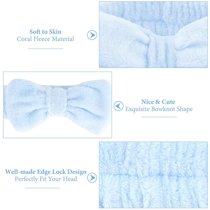 Ondder 8 Pcs Blue Spa Headbands - Fuzzy Terry Cloth Face Wash Headbands for Women's Makeup & Skin Care