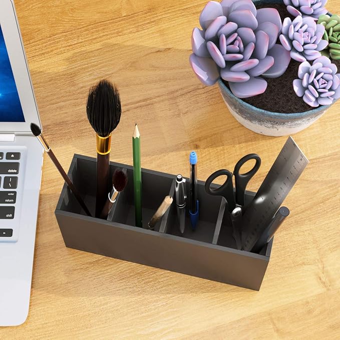 NIUBEE Acrylic Pen Holder 4 Compartments, Black Pencil Organizer Cup for Countertop Desk Accessory Storage (Black)
