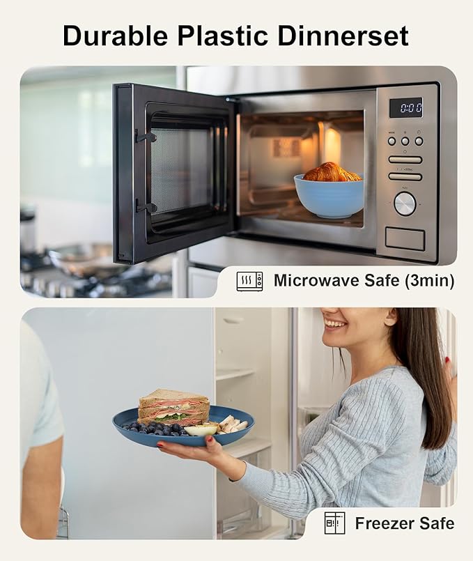 Quatish 24 Piece Plates and Bowls Sets for 6, Unbreakable Dinnerware Sets, Plastic Dish Set for Camping, Dishwasher Microwave Safe, Outdoor Kitchen and Apartment Dinning RV Essentials, Blue