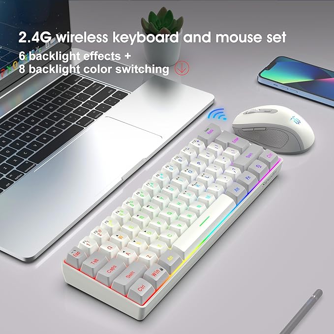Snpurdiri 2.4G Wireless Gaming Keyboard and Mouse Combo, Include Mini 60% Mechanical Feel RGB Backlit Keyboard, Ergonomic Vertical Feel Small Wireless Mouse(Grey and White)