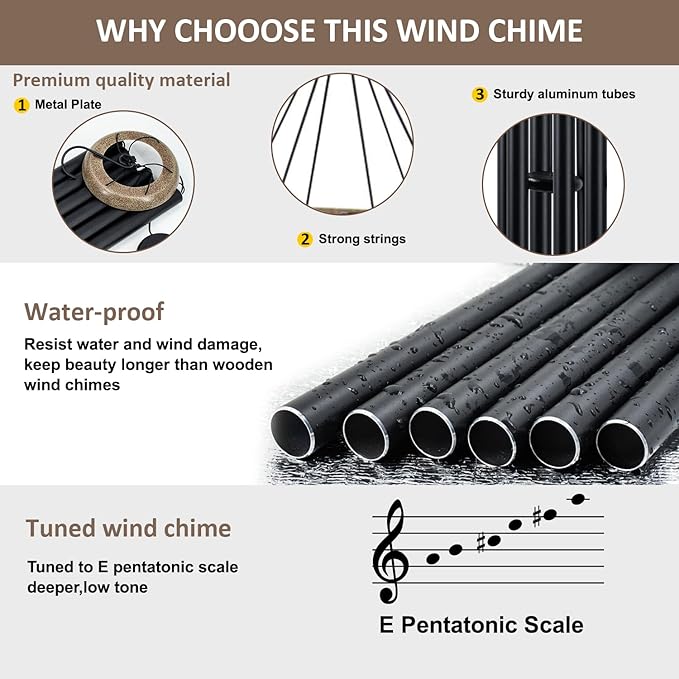 Wind Chimes Outside Deep Tone, 45 in WindChimes Large with 6 Heavy Tubes, Large Deep Tone Wind Chime Outdoor for Garden Hanging Décor,Sympathy Gifts, Black