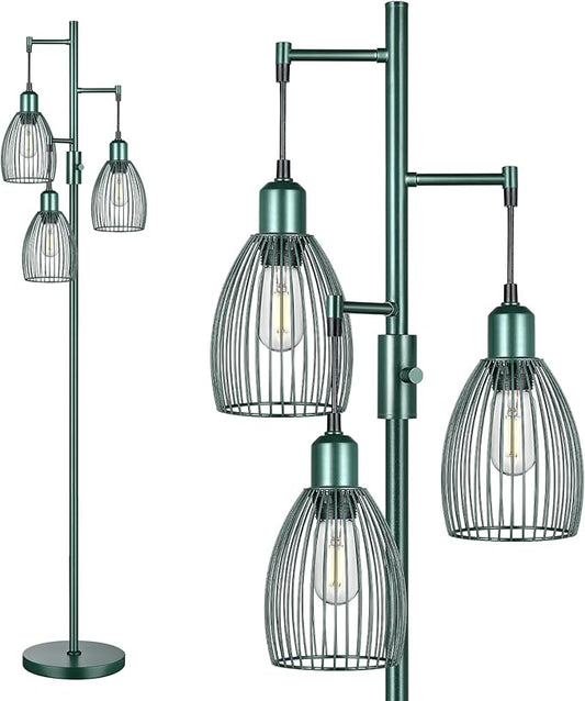 Dimmable Industrial Floor Lamps for Living Room, Green Tree Standing Tall Lamps with 3 Elegant Teardrop Cage Head & 800 Lumens LED Bulbs for Bedroom Office