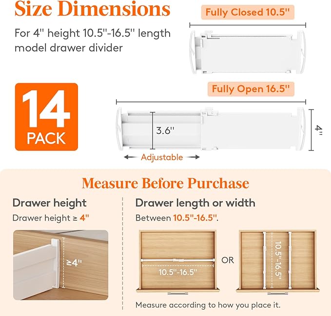 Lifewit 14 Pack Drawer Dividers 4" High, 10.5-16.5" Dresser Drawer Divider, Adjustable Drawer Organizers for Clothes, Plastic Drawers Separators for Dresser, Bedroom, Bathroom, Kitchen, Office