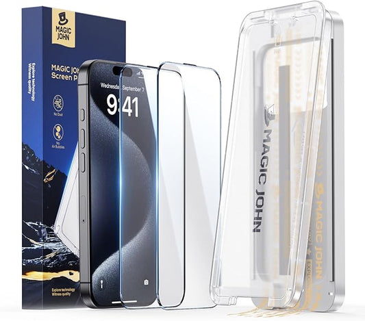 MAGIC JOHN 3rd Gen Upgraded for iPhone 15 Pro Screen Protector 6.1 Inch, HD Clear, Shatterproof Tempered Film, Auto Dust-Elimination, Bubble Free, Easy Installation, 2 Pack