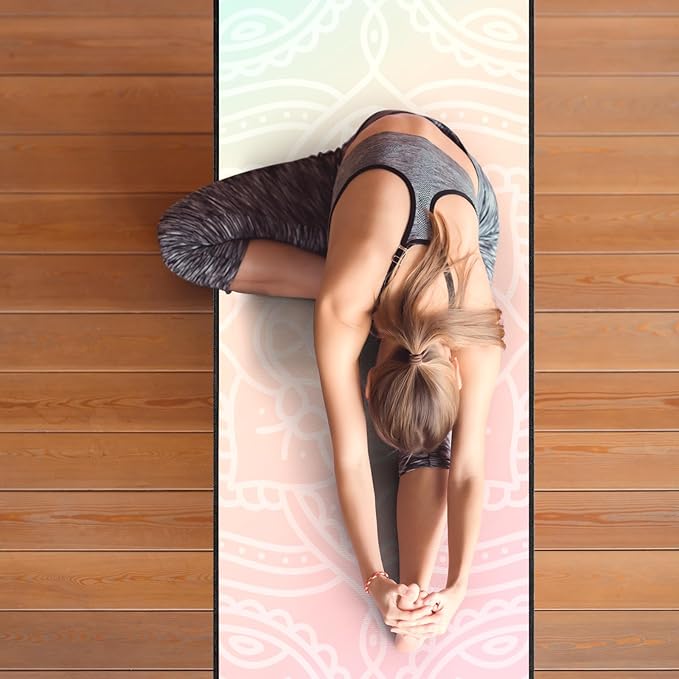 QiyI Yoga Mat Towel with Corner Pockets, Non Slip Sweat Absorbent Hot Yoga Towels, Soft Yoga Blankets with Travel Bag, Skidless Mat Cover for Workout, Gym, Fitness - 70"x26", Dreamy Pink Mandala