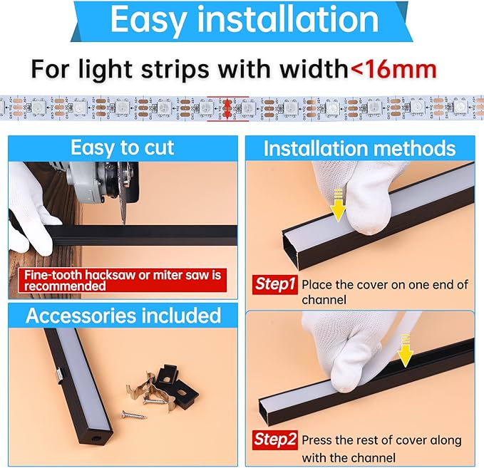 Muzata 10Pack 6.6FT/2M Plus-Size Spotless LED Channel Black LED Strip Diffuser Channel with Milky Frosted White Diffuser Cover U103 BW 2M