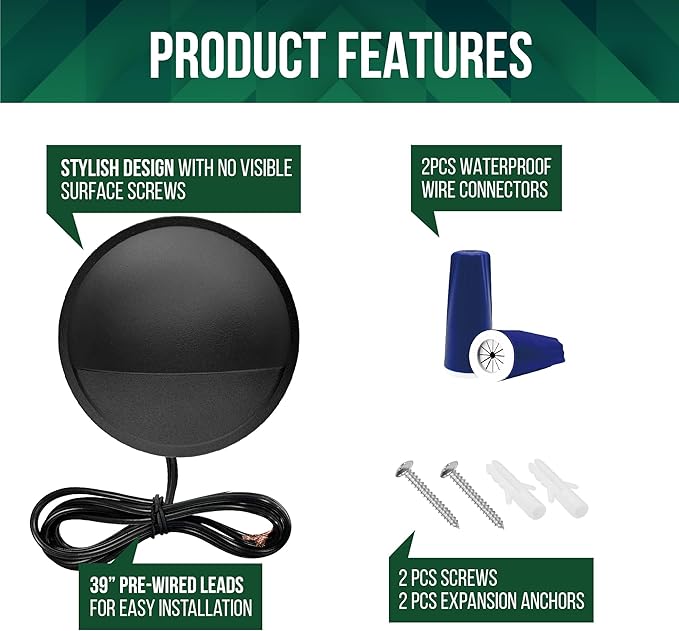 GKOLED 12 Pack Low Voltage LED Deck Lights, Landscape Step Lights Fixtures, 2W Integrated LED Chips, Die-cast Aluminum 12V AC/DC Railing Post Accent Lighting, Black Powder Coated Finish, UL-Listed