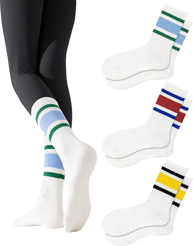 Yawlsow 3 Pairs Pilates Grip Socks for Women Yoga Grippy Striped Retro Crew Socks Non Slip Sticky Barre Sock with Grippers