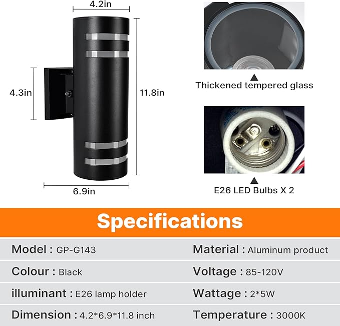 Dusk to Dawn Wall Light 1 Pack, Modern Outdoor Wall Lights with LED Bulbs, Cylinder Black Porch Light Fixture Wall Mount, Up and Down Lighting Outdoor Wall Sconce for House Porch Door