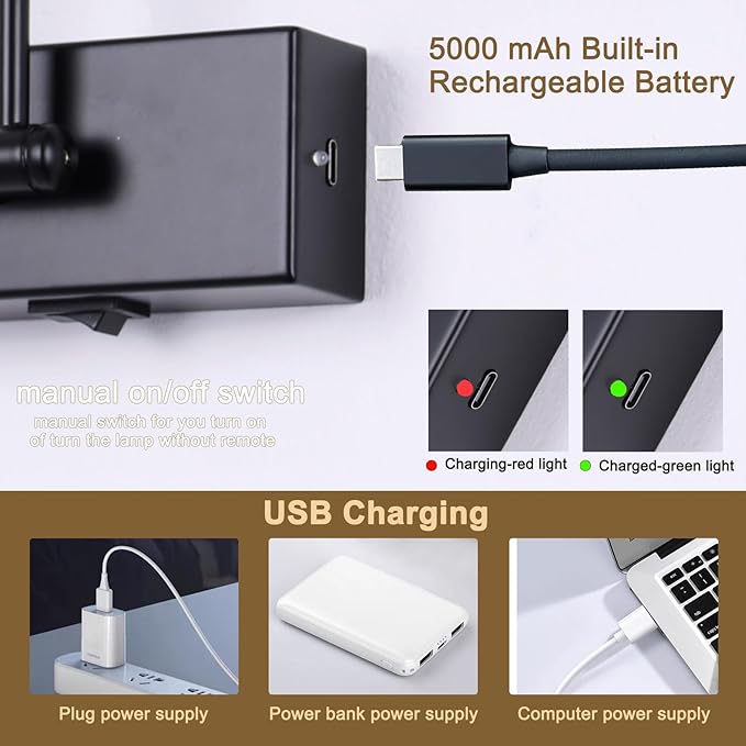 Battery Operated Picture Light with Remote 16” Black Art Light for Painting Dimmable & Timer Wireless Gallery Lights 3CCT Frame lighting Rechargeable Wall Lights for Artwork Potrait Dartboard