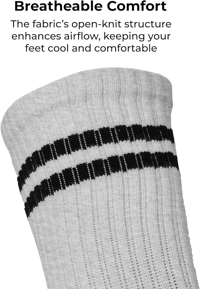 AMELLE Pilates Mid Crew Grip Socks for Women Non Slip – Half Cushioned Striped Yoga Barre Crew Socks with Grips – Anti Skid