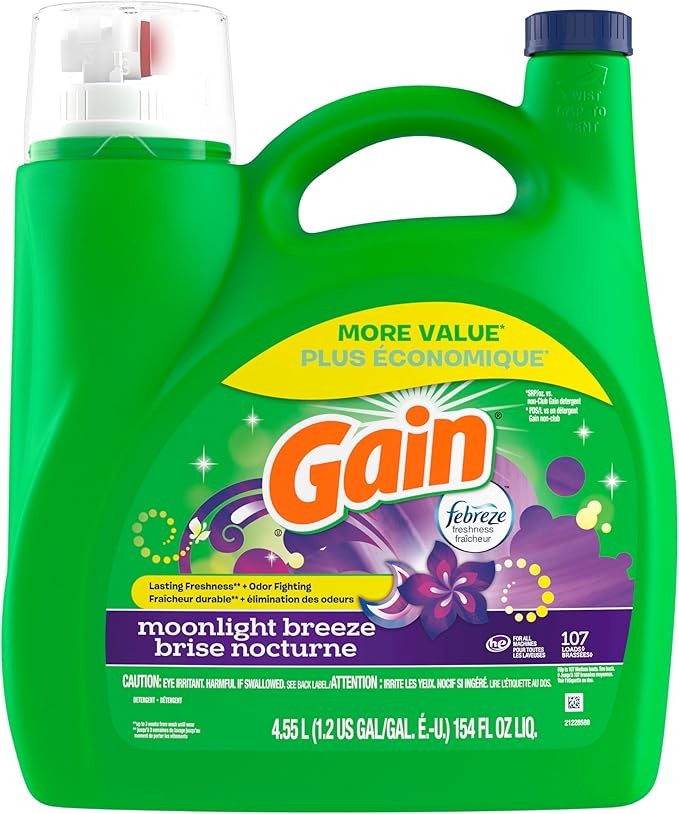 Gain + Aroma Boost Liquid Laundry Detergent, Moonlight Breeze Scent, 107 Loads, 154 Fl Oz, HE Compatible with Febreze and Oxi (125)