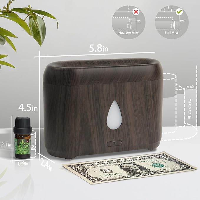 Flame Diffuser for Essential Oils, 200ml Ultrasonic Aroma Diffusers with Cool Mist, Aromatherapy Diffuser with Auto-Off Protection (Dark Wooden Grain(7 Colors), Peppermint+Lavender+Tea Tree+Lemon)