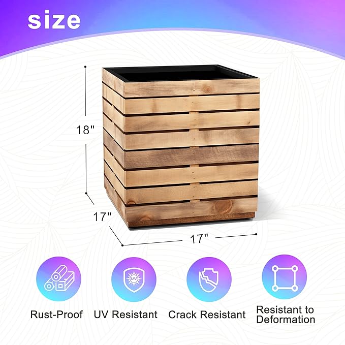 Tall Metal Planter, 17" W×18" H Large Rectangular Planter Box for Outdoor or Indoor, All-Weather Durable Plant Box with Drainage Holes & Removable Shelf for Patio, Porch, Garden, Trees, Flowers