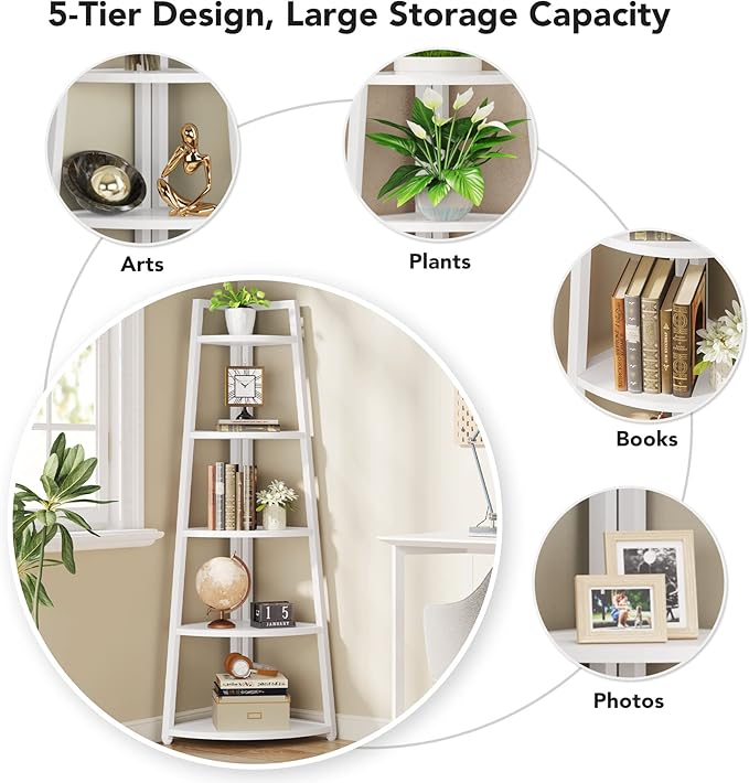 Tribesigns 70 inch Tall Corner Shelf, 5 Tier Modern Corner Bookshelf Bookcase Industrial Corner Ladder Shelf Plant Stand for Living Room, Kitchen, Home Office (White)