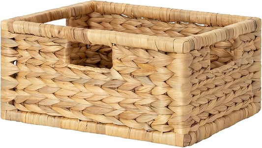 StorageWorks Wicker Basket for Organizing, Pantry Organizer with Wooden Frame, Water Hyacinth Storage Basket for Shelves