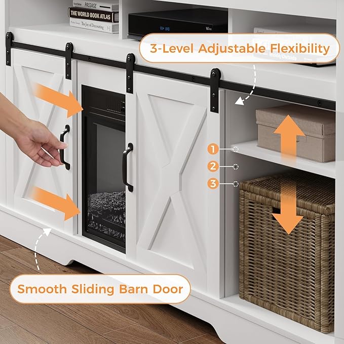 RoyalCraft Farmhouse Fireplace TV Stand, Entertainment Center for 65+ Inch TV with 23" Electric Fireplace, Modern Rustic TV Console with Sliding Bar Door for Living Room, White