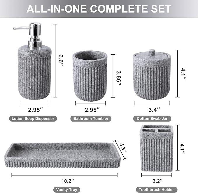 Resin Grey Bathroom Accessories Set 5 Pcs, Lotion Soap Dispenser, Toothbrush Holder, Bathroom Tumbler, Qtip Holder and Vanity Tray, Bathroom Countertop Organizer Set for Modern Home Apartment