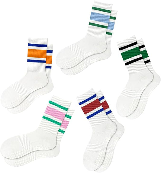 Yawlsow 3 Pairs Pilates Grip Socks for Women Yoga Grippy Striped Retro Crew Socks Non Slip Sticky Barre Sock with Grippers