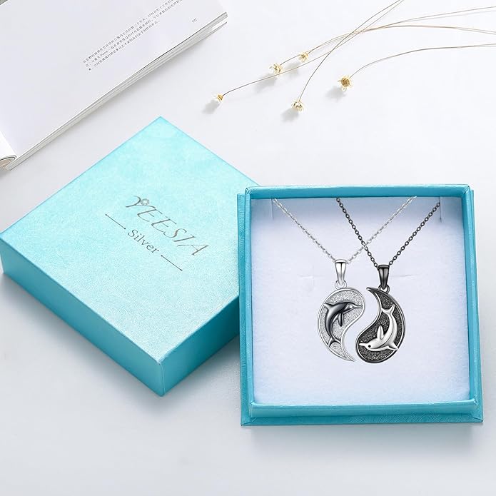 Yin Yang Necklaces 925 Sterling Silver Friendship Sun Moon/Mountain/Dolphin/Tree of Life/Flower/Wings Pendant Necklace Moonstone Abalone Opal Jewelry for Women Men Couples