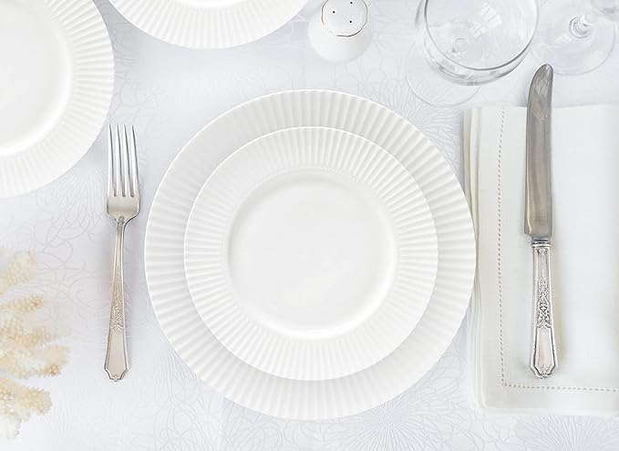 Dinnerware, 16 Piece Set Bone China, Service for 4, White Embossed stripe Dishes, Microwave Safe, Chip Resistant, Dishware, For Formal Casual and Everyday Living, Plates and Bowls Set