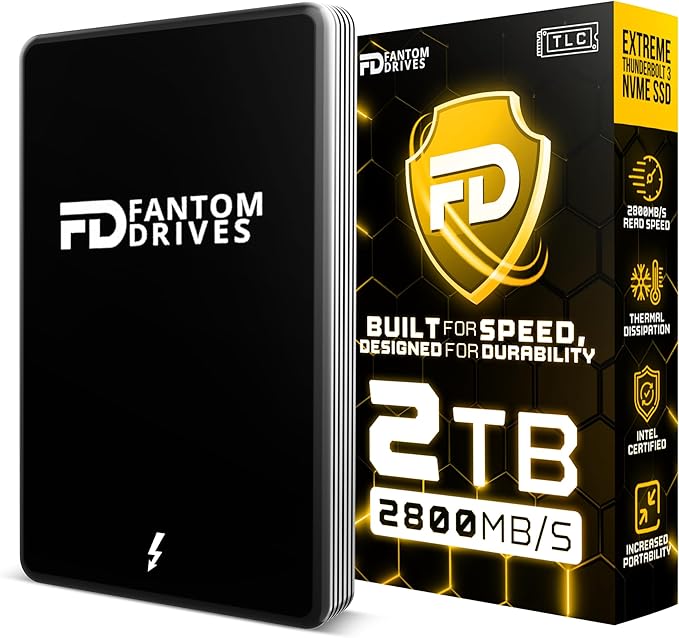 Fantom Drives Extreme 2TB External SSD - 2800MB/s, Thunderbolt 3 and 4, USB Type-C, Aluminum, 3D NAND TLC, TB3X-2300N2TB