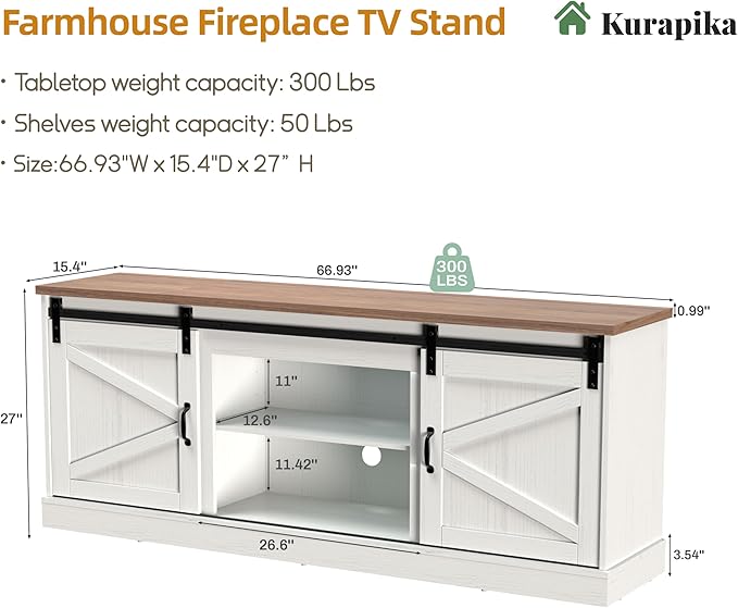 Kurapika Farmhouse TV Stand and Entertainment Center for TV Up to 75 Inch, with Adjustable Shelf and Sliding Barn Doors, Media Furniture with Storage Cabinet and Console Table, 67 Inch, White