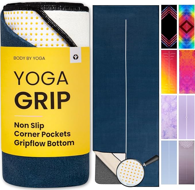 Yoga Grip Yoga Towel - Non Slip Hot Yoga Mat Towel With Corner Pockets, No-Skid Grip, and Built-in Alignment Lines | Soft, Moisture Wicking, and Sweat Absorbent | No Bunching, Stays in Place 72" x 25"
