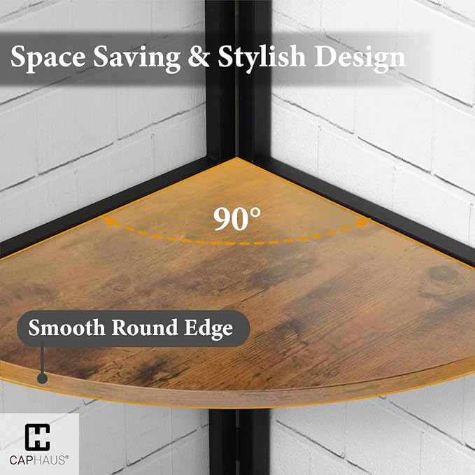 CAPHAUS Tall Corner Shelf Stand, 6-Tier Display Shelves, Ladder Corner Wood Storage Plant Bookshelf with Metal Frame, Versatile Shelving Unit Bookcase for Home Office Space, Rustic Oak