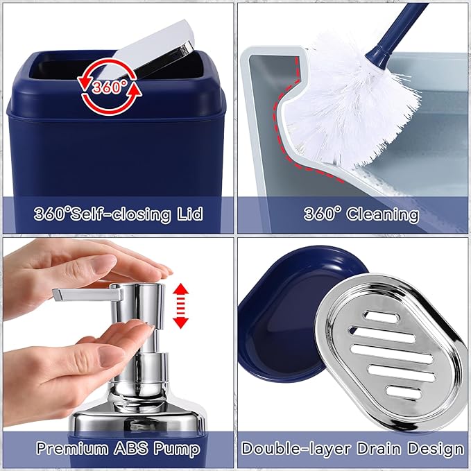 24PC Navy Blue Bathroom Set with Shower Curtain and Rugs, Blue Bathroom Sets Complete with Trash Can,Soap Dispenser,Soap Dish,Toilet Brush,Toothbrush Holder and Cup,Tray,Q-Tip Holders