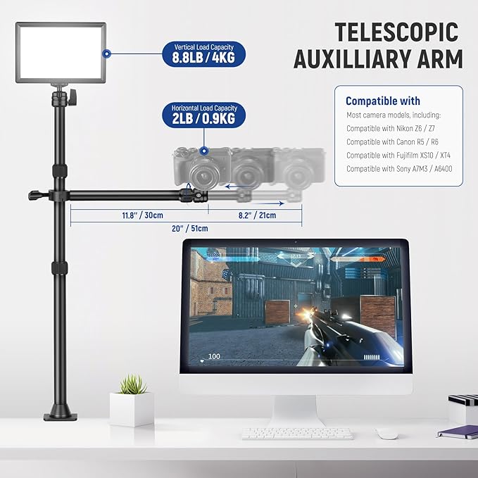 NEEWER Desk Stand with 2 Telescopic Boom Arms Phone Holder for Mic Camera Webcam Ring Light, Desktop Overhead Microphone Mount with C Clamp, Ball Heads, Screw Adapter, Cleaning Cloth, TL253A+DS001