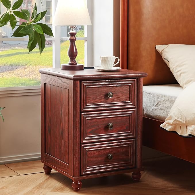 18" Farmhouse Nightstand Set 2 with Charging Station and USB Port, RedOak Night Stand with 3 Drawers, Wood Bedside End Table with Storage, Bed Side Tables for Bedroom Living Room and Closet