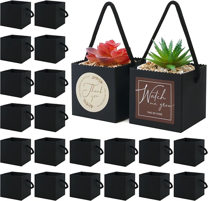 Temlum 2.5 Inch Succulent Wrap Bags (Fits 2.5″ Pots) with Thank You & Watch Me Grow Stickers, Small Succulent Gift Box for Wedding, Baby Shower, Succulent Party Favors for Guests (Black 40pcs)