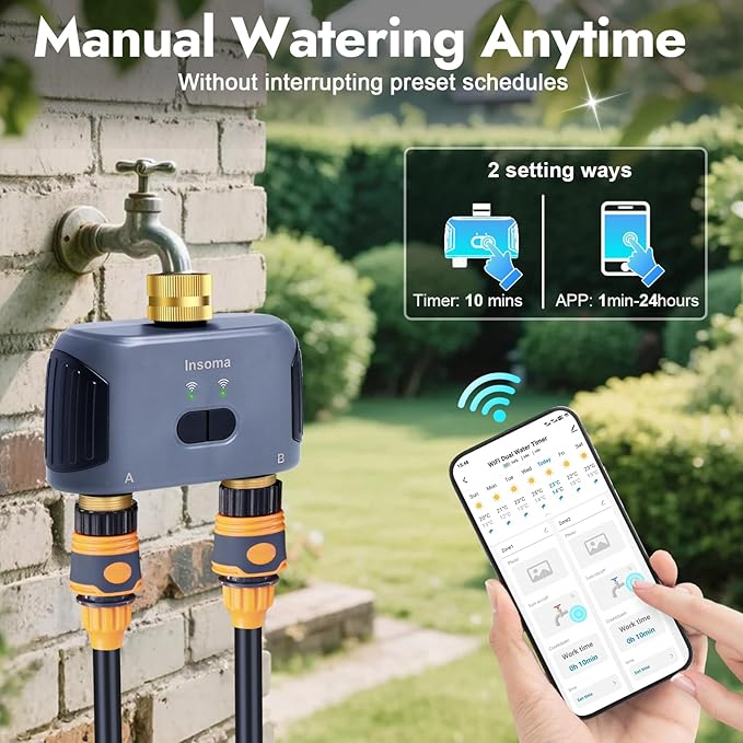 2 Zones WiFi Water Timer Brass Inlet and Outlet, Sprinkler Timer for Garden Hose, APP Remote Control WiFi Hose Timers with Gateway, Voice Control with Alexa, Rain Delay and Manual Mode for Watering