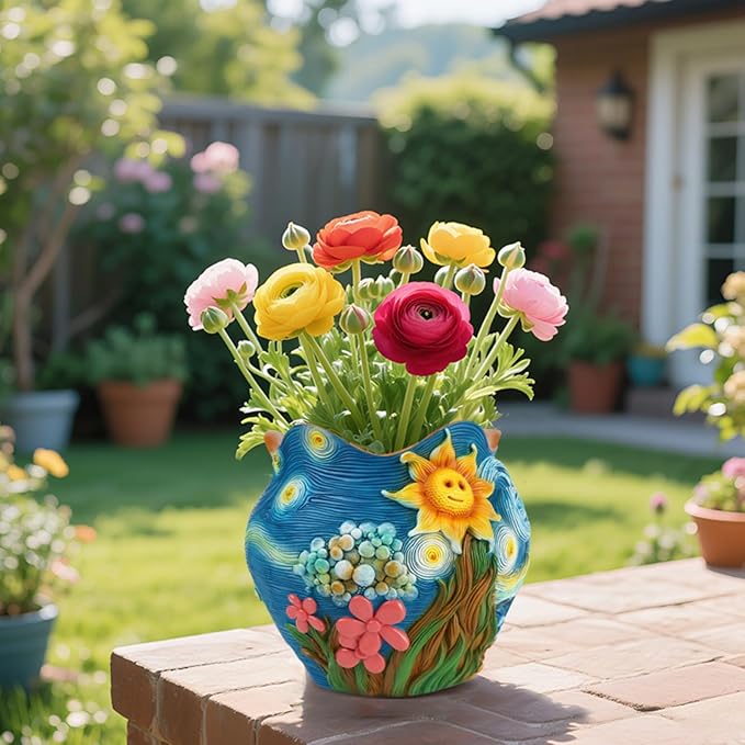 Starry Night Theme Flower Pots Colorful Art Planter Pots for Indoor Plant Cute Unique Resin Flower Pot with Drainage Hole for Home Decor