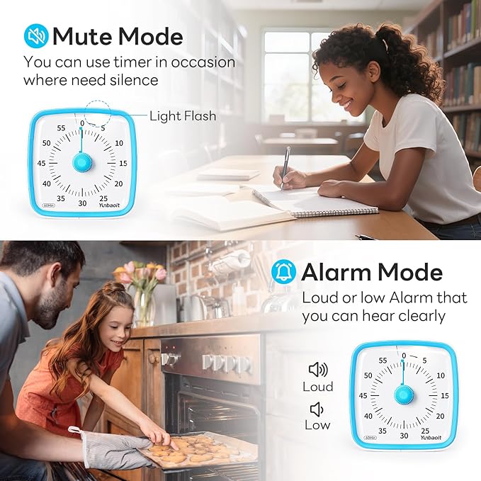 Yunbaoit Visual Timer with Night Light, 60-Minute Countdown Timer for Kids and Adults, Silent Classroom Timer, Time Management Tool for Home, School, or Work (Light Blue)