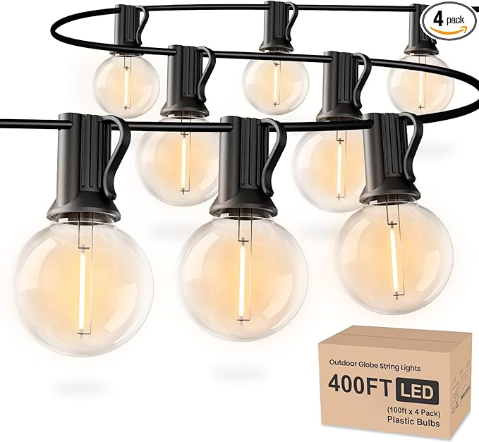 RTTY Outdoor String Lights 400 ft, 4 Pack 100 ft G40 Led Patio Lights with 52pcs Bulbs,Shatterproof Waterproof Connectable Hanging Globe for Porch Cafe Bistro Backyard Gazebo Balcony Party