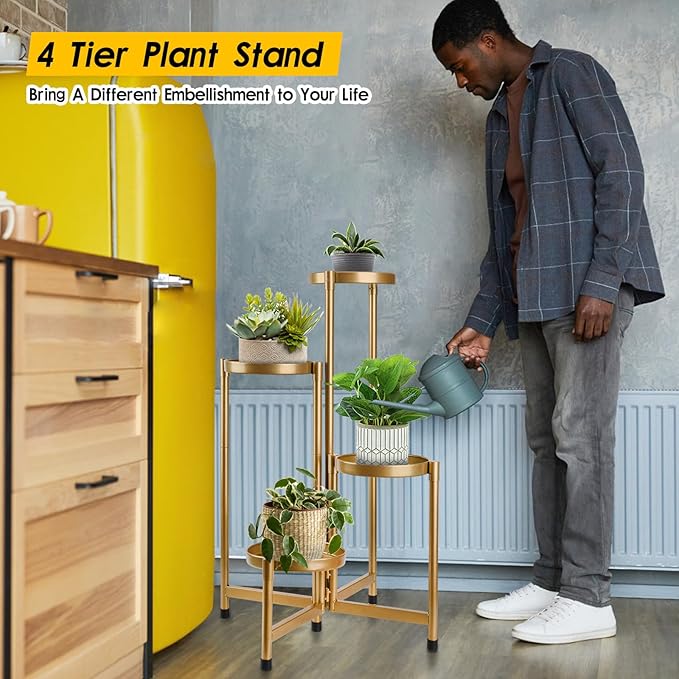 4 Tier Plant Stand Indoor Outdoor, 31 Inch Tall Metal Plant Shelf Waterproof, Plant Holder with Folding Design For Home, Living Room, New Upgrate Gold